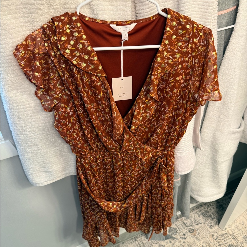 LC Lauren Conrad Rust Floral Wrap Blouse